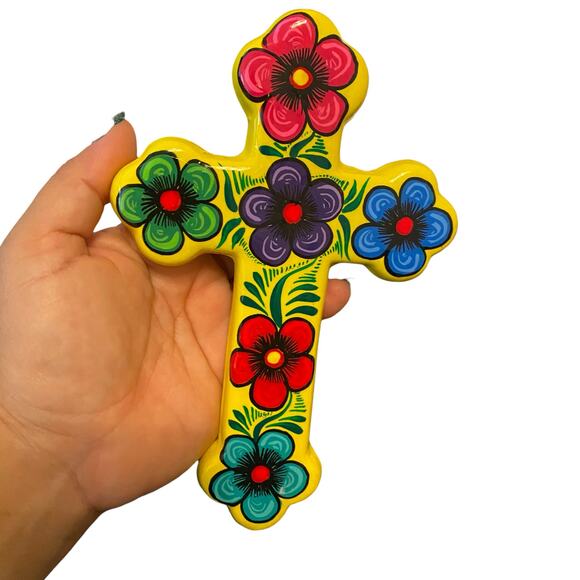 Ceramic CROSS Yellow Colorful High Gloss with Flowers Mexican Folk Wall Art 7" - Picture 7 of 11